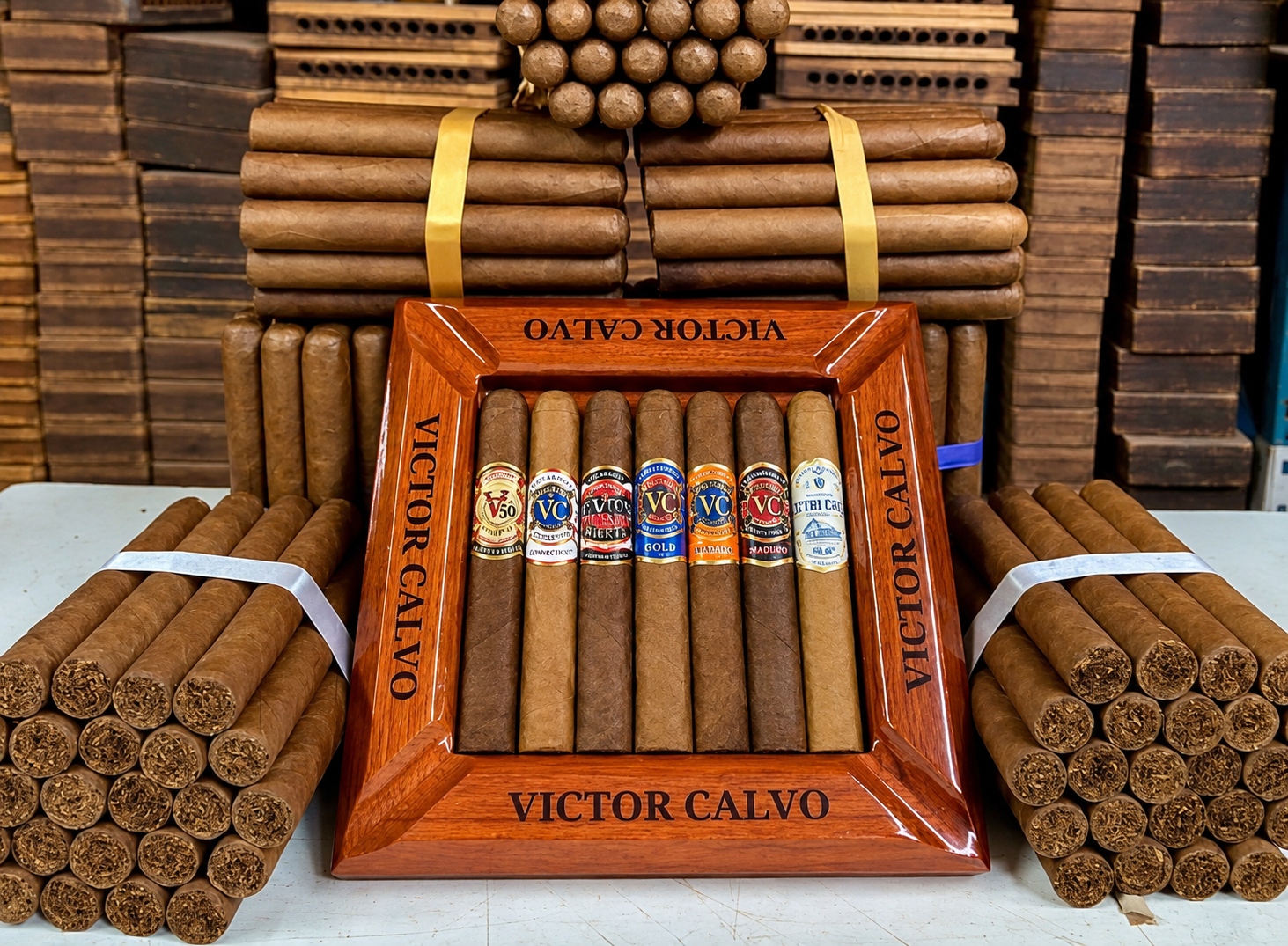 Victor Calvo cigar portfolio framed by bundled cigars